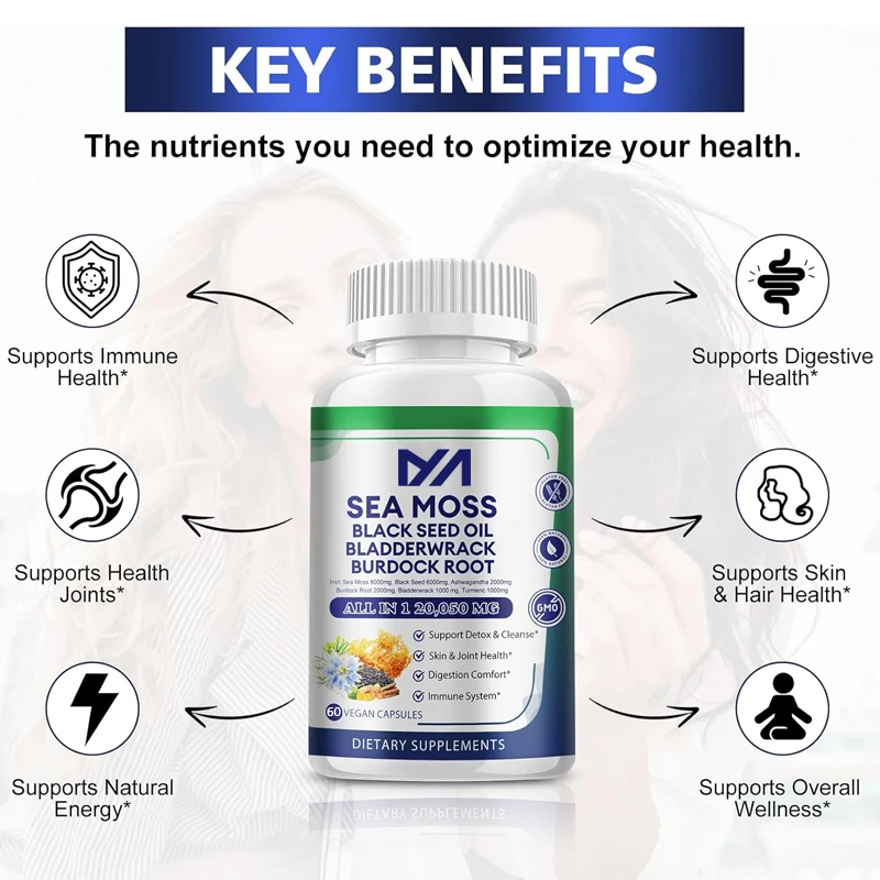 Seaweed Capsules contain Irish seaweed, black seed oil, South African blackcurrant, burdock root, bladder, turmeric vitamin C D3