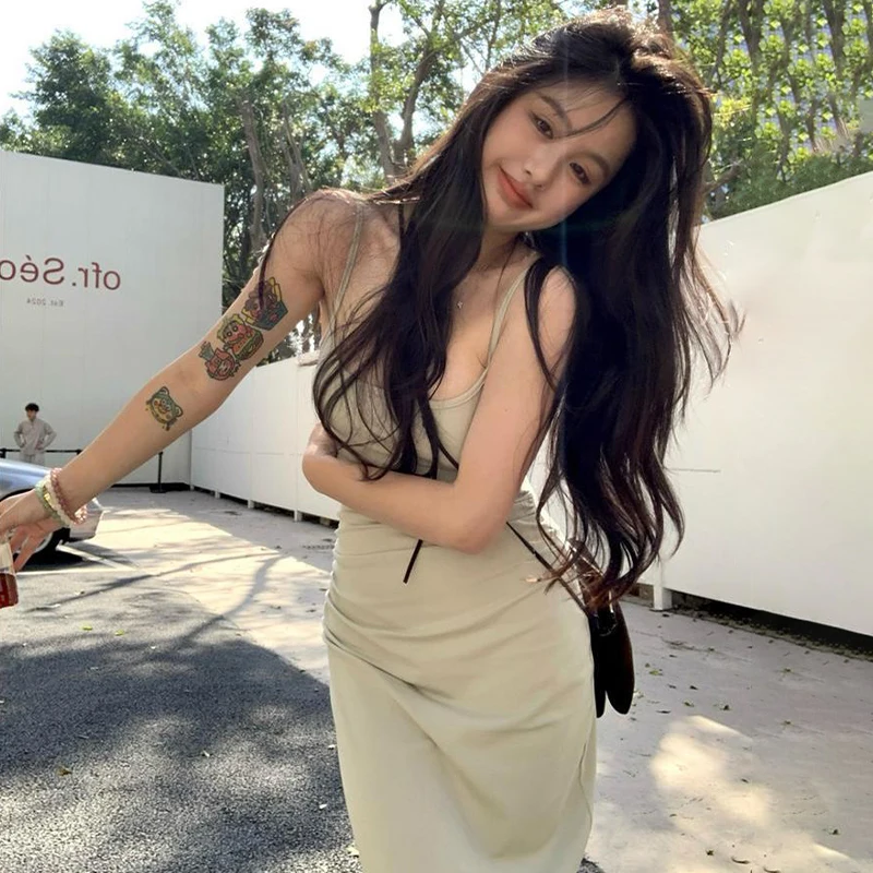 

Women Backless Spaghetti Strap Split Solid Casual Summer Sheath Long Dress