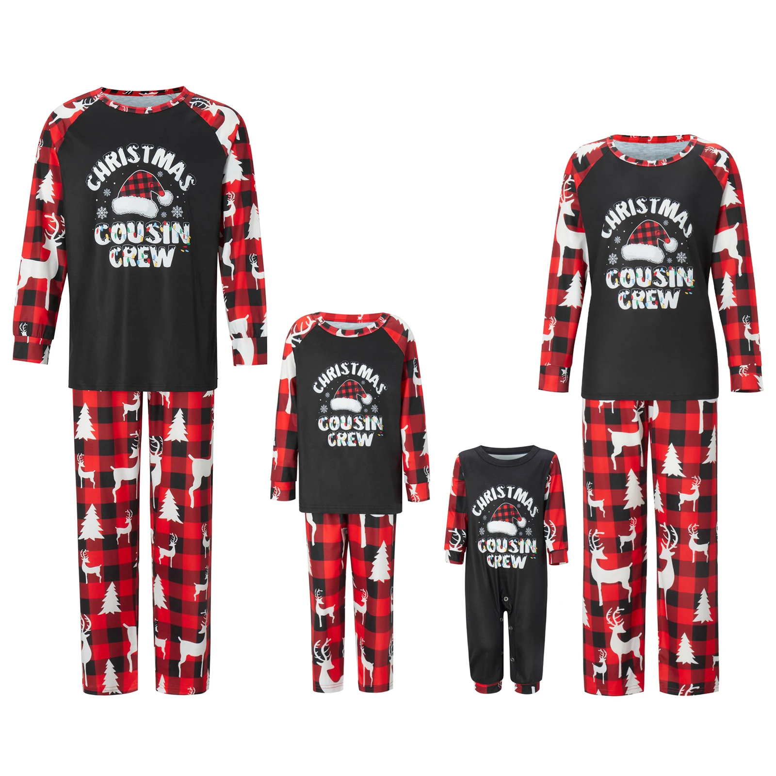 thumbnail image 1 of Conjunto de pijamas navideños a juego para toda la familia, camisetas de manga larga con estampado de gorro navideño y pantalones con estampado de ciervo, ropa de dormir, ropa de estar por casa, 1 of 4