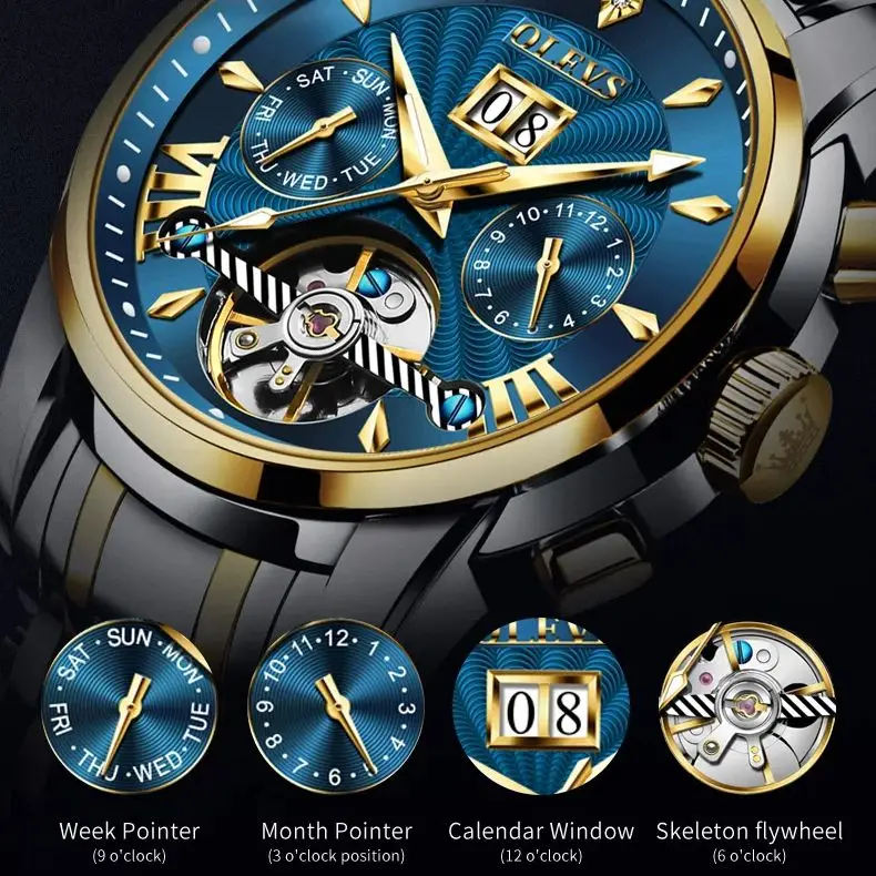 OLEVS Luxury Brand Automatic Mechanical Watch for Men Multifunctional Date Luminous Waterproof Stainless steel Skeleton Flywheel