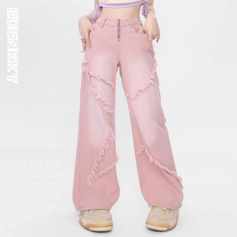 

Pink Women Jeans High Waist Fashion Streetwear Hip Hop Y2K Style Chic Wide Leg Jean Female Raw Edge Trouser Baggy Denim Pants