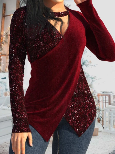 

Bloues Woman Winter 2023 Casual New Shirt Sequin Spliced V-Neck Long Sleeve Irregular T-Shirt Top Fashion Versatile Pullover Tee