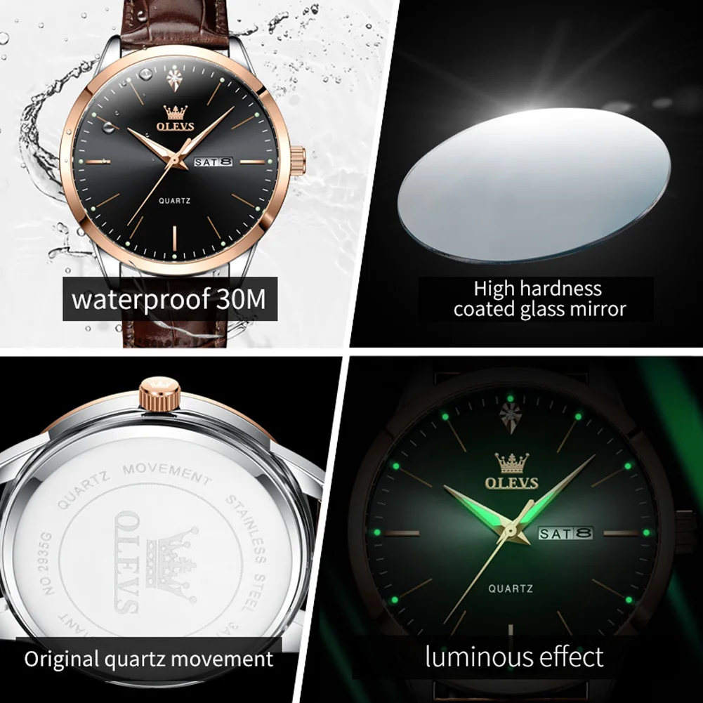 OLEVS Mens Watches Top Brand Luxury Leather Quartz Watch for Men Waterproof Luminous Week Date Business Watches Men Reloj Hombre