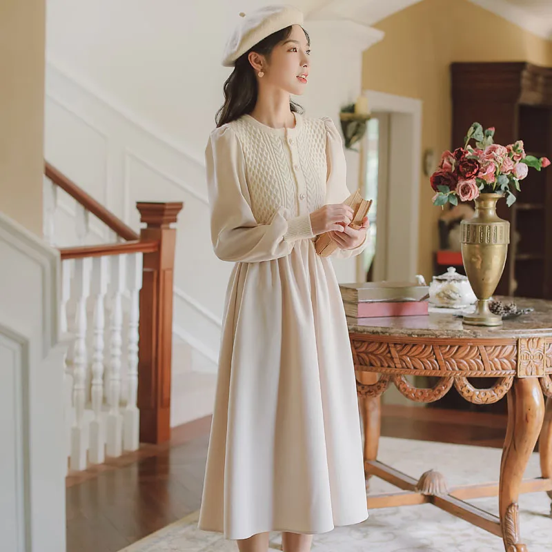 

Spring And Autumn Fried Dough Twist Stitched Woolen Dress Women's Clothing 2022 New Gentle Wind Waist Pearl Button Long Sleeved