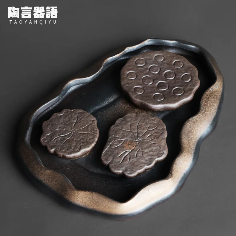 

Jingdezhen rock mine pottery clay gilt rectangular dry pour tea tray lotus leaf lotus root shape Zen home office small coffee ta