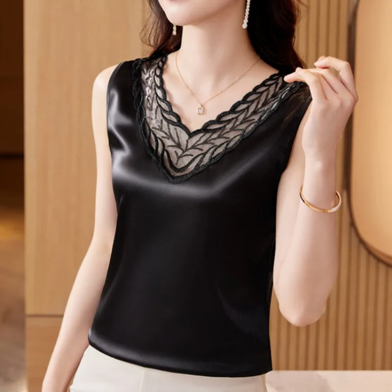 Silk Blouses Tank Top Vintage Woman Clothes V-Neck Womens Tops Solid Loose  Hollow Out Blouse Women Summer Sleeveless Corset Top - AliExpress