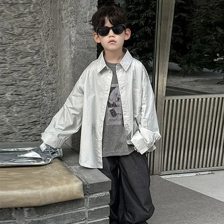 Cool Black Retro Denim Jacket for Boys Autumn Winter Fashionable Children's Shirt Baby Stylish Top Crew Neck