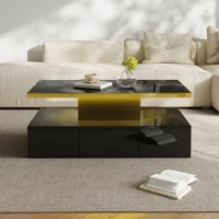 Table basse avec tiroir et LED, double plateau, compacte, pour le salon, espace de rangement discret, en aggloméré - Noir 5