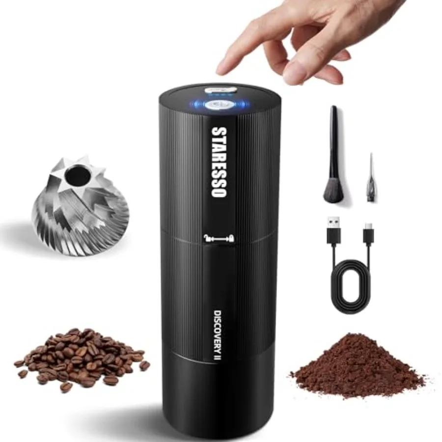 Discovery PLUS Portable Electric Coffee Grinder - Low Noise USB Rechargeable Adjustable Grind Settings Easy Cleaning for Espres