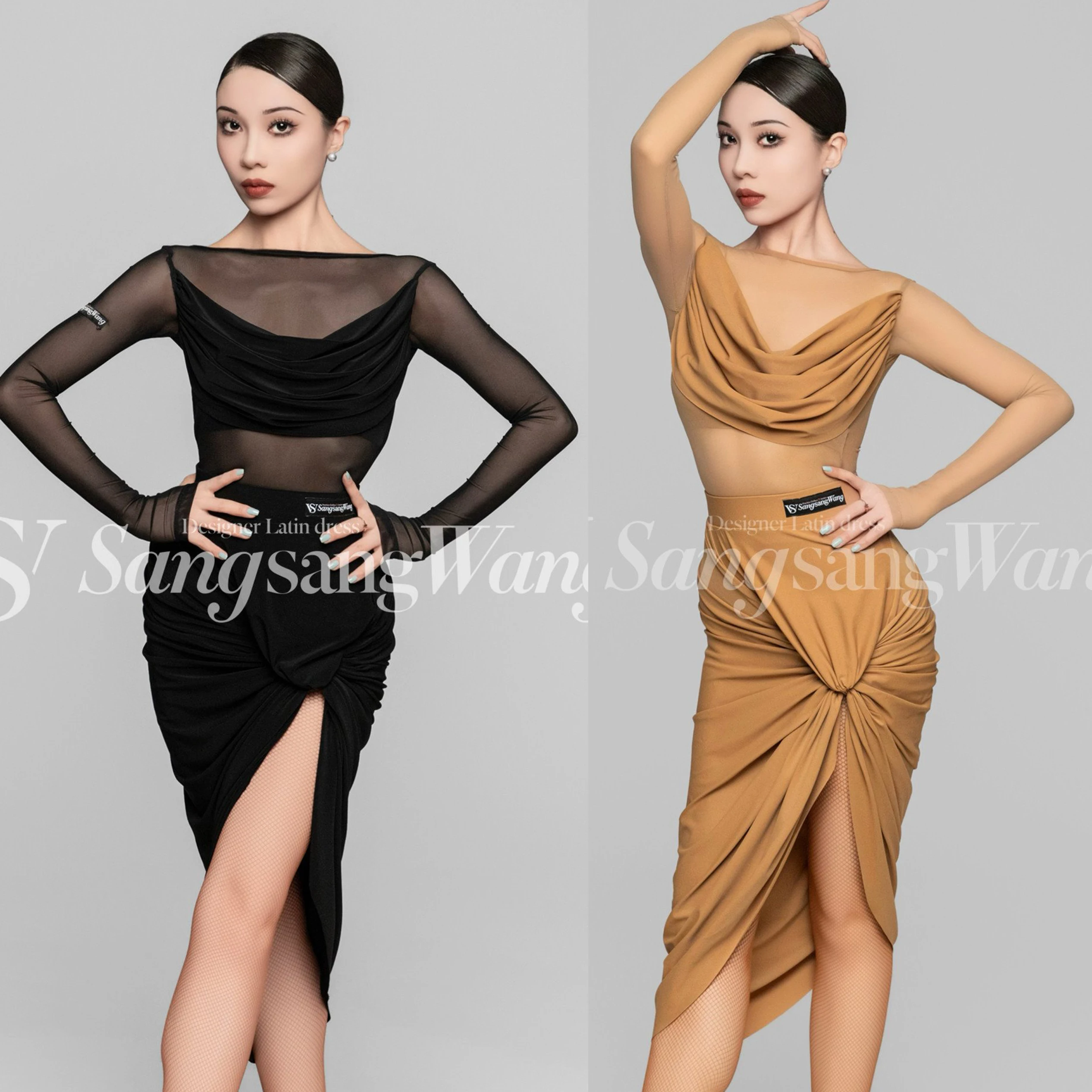 

Latin Dance Clothes Women Adult Swing Collar Mesh ops Slit Skirt Rumba Tango Dance Performance Costume Sexy Black Dress DNV20236