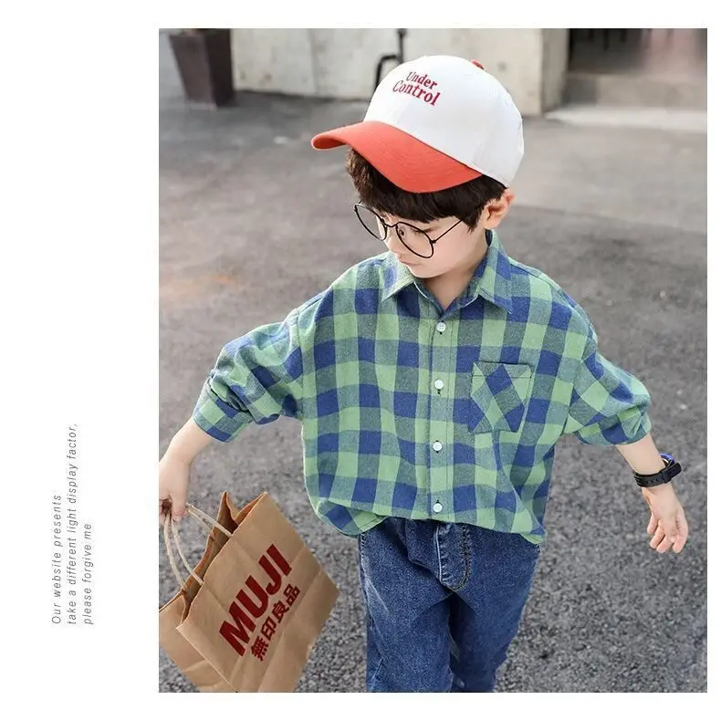 남아용 체크 무늬 셔츠, 용수철 가을 어린이 긴팔 셔츠, 순면 캐주얼 패션, 어린이 코트, 2024 신상
