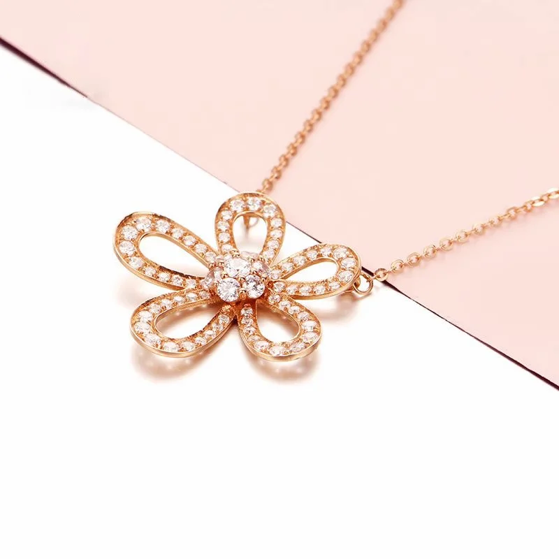 

New in Sweet Shiny Small Flower Necklaces Pendant Plated 14K Rose Gold Fashion Exquisite 585 Purple Gold Clavicle Chain Jewelry