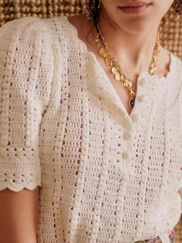

2023 Summer New French Solid Color Hollow Puff Sleeve 100% Cotton Knitted Sweater Top Women Casual Top Coat