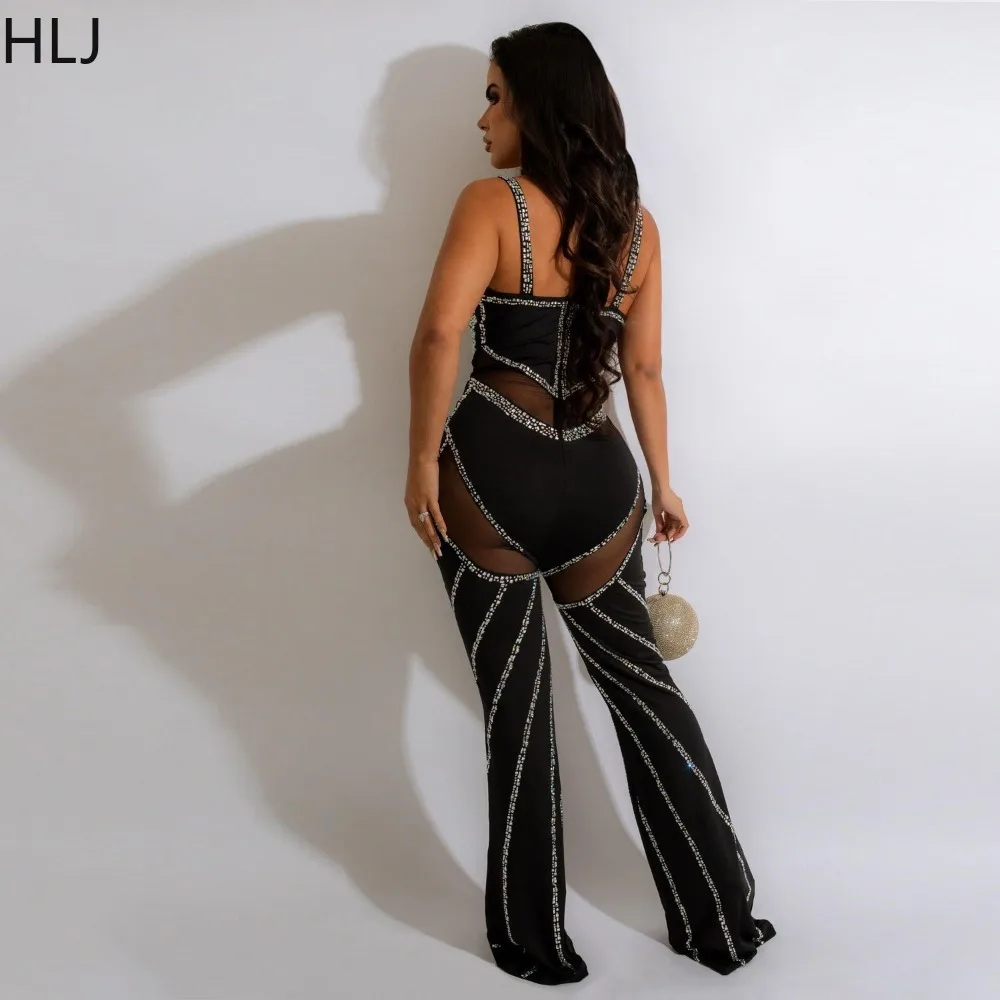HLJ Fashion Deep V Rhinestones Mesh Perspective Party Club Jumpsuits Women Strap Sleeveless Slim Wide Leg Pants Playsuit Overall
