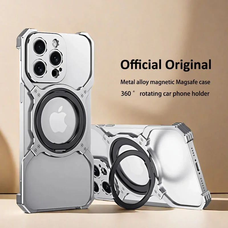 

Metal Aluminum alloy Case For iphone 15 14 Pro Max 360 ° rotating bracket Magnetic Magsafe Rimless Shockproof Protection Cases