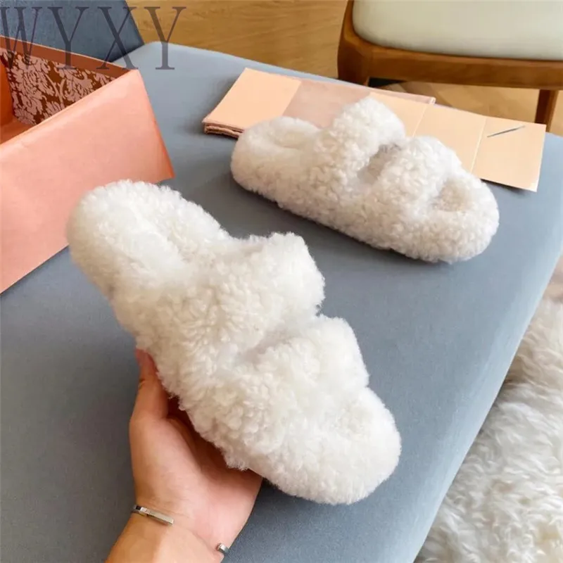 

Winter New Round Toe Open Toe Wool Slipper Shoes For Women Outdoor Fashion Casual Thick Sole Flat Heel Woman Warm Slippers 2023