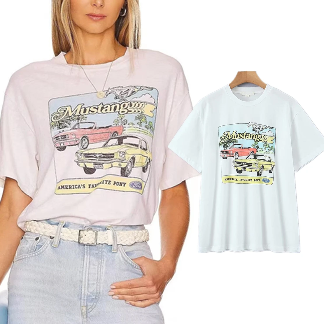 

Dave&Di Summer Tshirts American Style Retro Loose Cartoon Car Printing Cotton T-shirt For Women Tops 2023