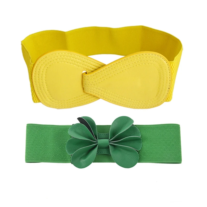 

2 PCS Belt: 1 PCS 8-Shaped Faux Leather Buckle Elastic Belt Yellow & 1 PCS Green Faux Leather Flower 7.5Cm Wide Elastic Cinch Be