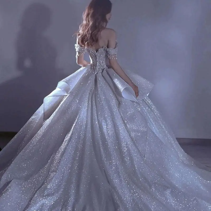 French One Shoulder Starry Sky Wedding Dress Sleeveless Beaded Dress for Female Brides Luxurious Palace Style Customized