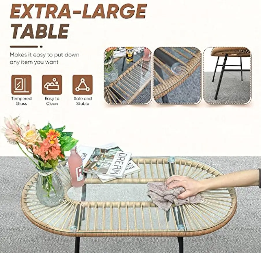 Outdoor L-Shaped Rope Sofa Set with Table & Cushions, White Patio Furniture for Backyard/Porch