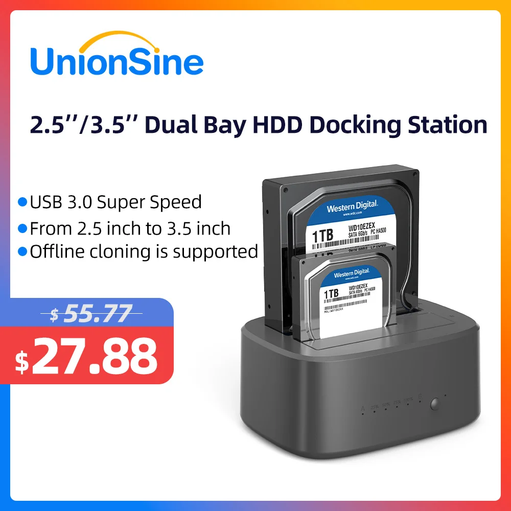 Unionsine-dual Bay Hdd Docking Station com Clone Offline Sata para Usb 3.0 Case Hdd 2.5 3.5 Ssd