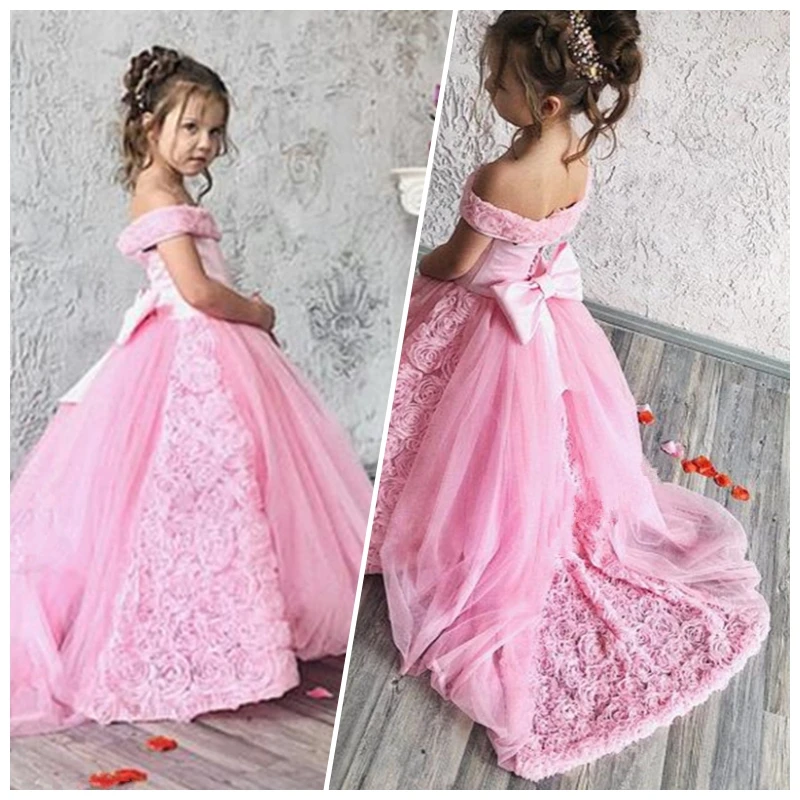 

Blush Pink Flower Girl Dress For Wedding Bow Belt Cute Flowers Princess Party Luxury Birthday Evening Gown First Communion