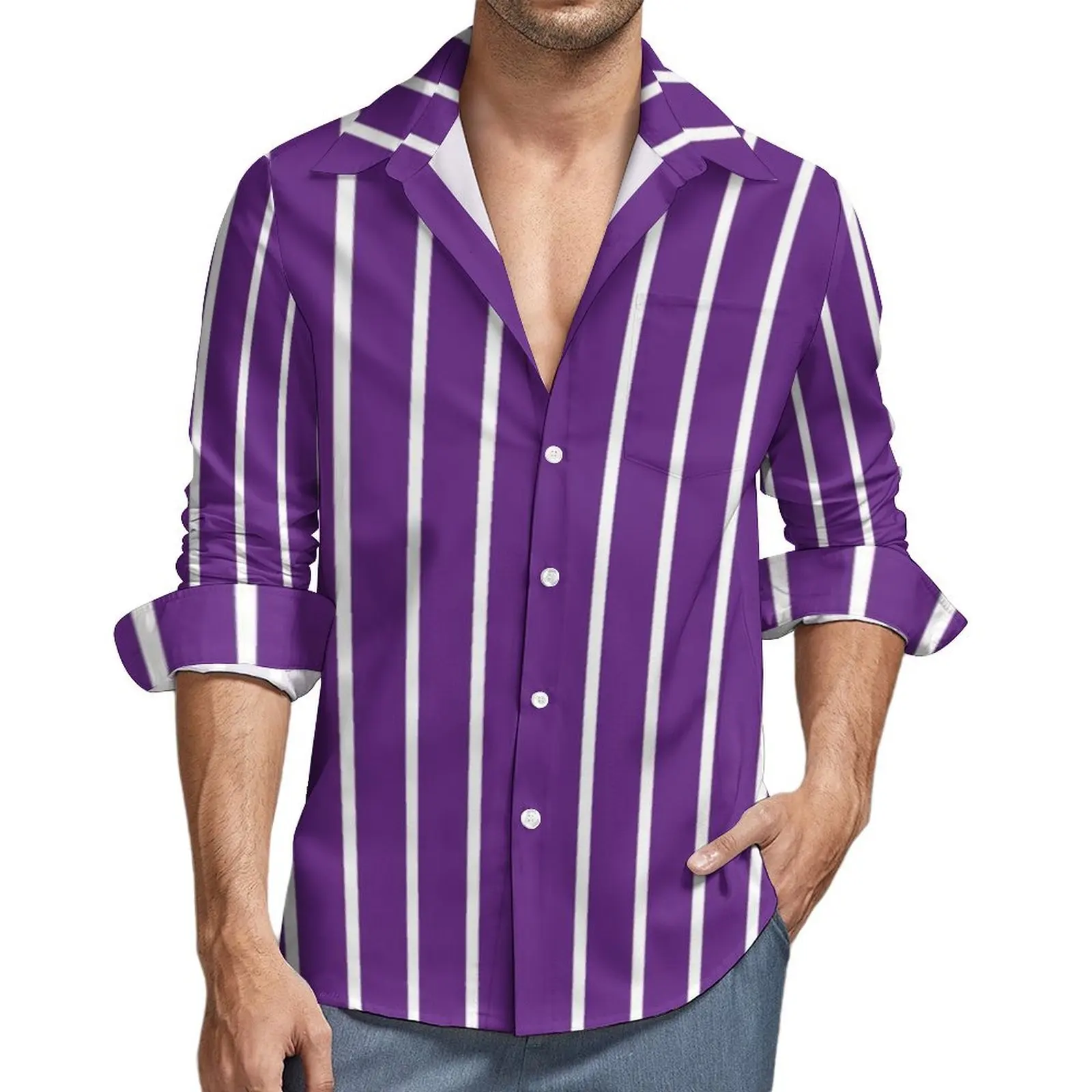 

Purple And White Striped Blouses Men Vertical Stripes Print Shirt Long Sleeve Vintage Streetwear Casual Shirts Clothes Plus Size