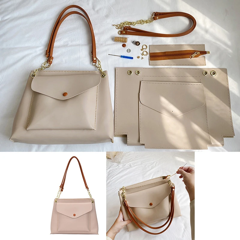 WADORN DIY Portemonnee Maken Kit, PU Lederen Gehaakte Handtas en Crossbody Tas Materiaal Set, Shouler Tas Stitch Kit, Kameel