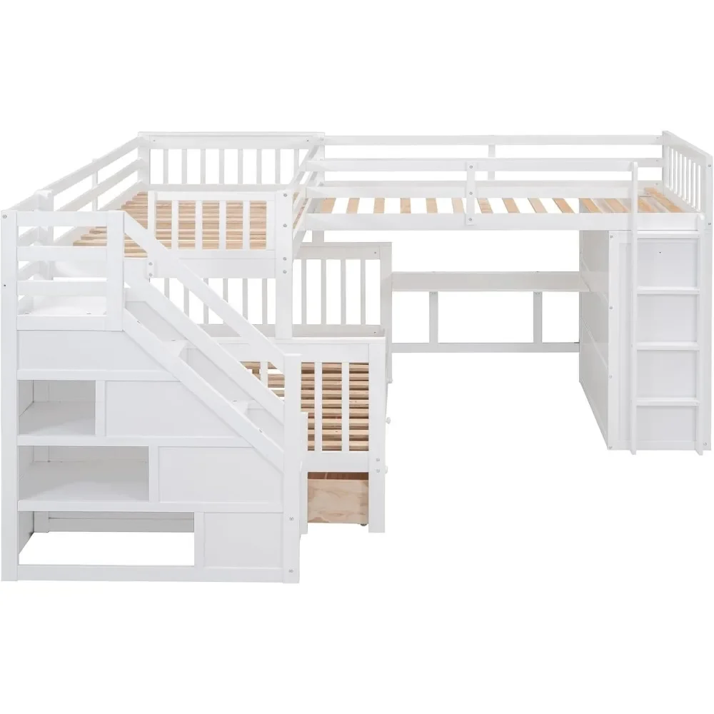 L-Shape Triple Bunk Beds with Stairs and Desk,Twin Over Full Bunk Bed with Storage Wardrobe, Shelves and Drawers,Wood Staircase 4