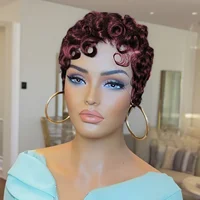 Perruque Lace Front Wig naturelle ondulée bouclée, cheveux courts, coupe Pixie avec frange, noir naturel foncé, couleur 99J, 13x4, pour femmes 3