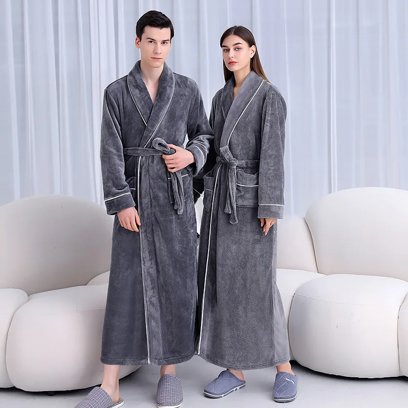 2024 Women Winter Solid Color Long Warm Flannel Bathrobe Plus Size Thick Bath Robes Men Sleepwear Solid Dressing Gown