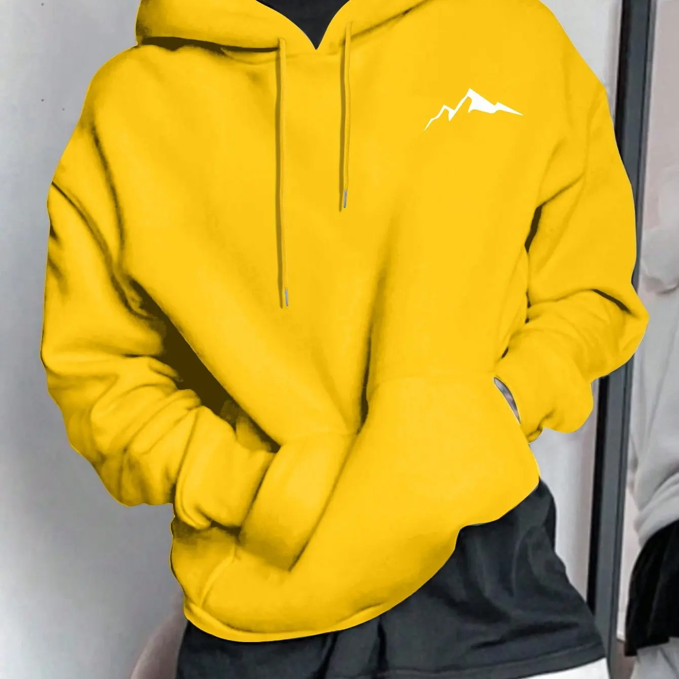 Męska jesienno-zimowa luźna bluza z kapturem, z grafiką górską, z długim rękawem, ciepła bluza wkładana przez głowę.