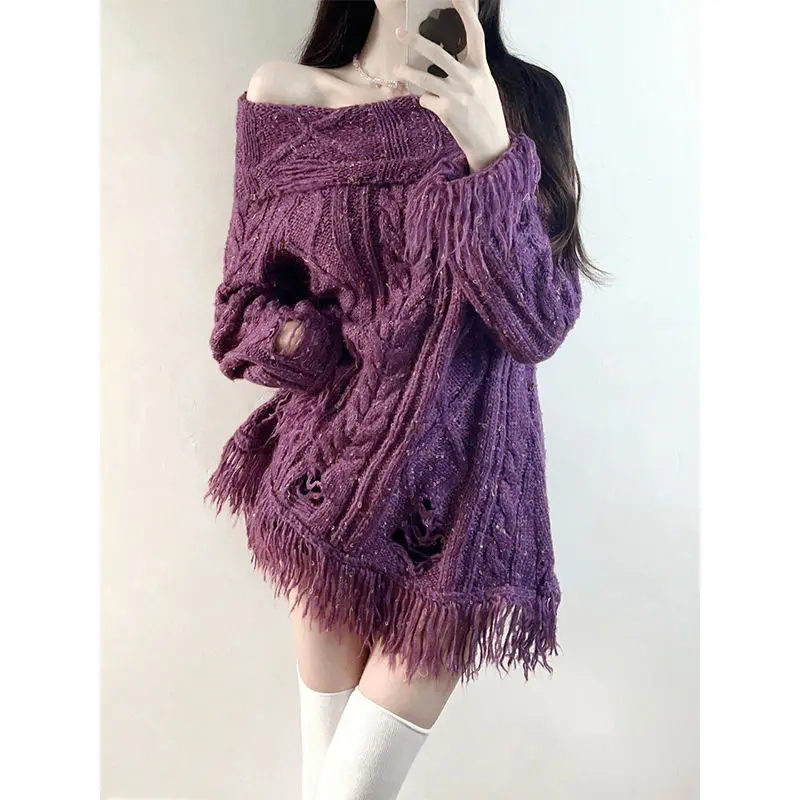 

Пуловер, свитер на одно плечо, изношенный вязаный свитер с напуском, Женский винтажный вязаный Топ, женский свитер на осень и зиму