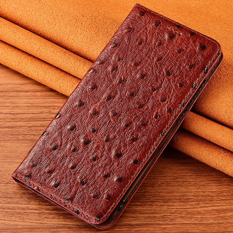 Ostrich Pattern Genuine Leather Phone Case For iPhone 15 Pro Max 14 13 12 11 Pro Max 15 Plus 12 13 Mini Wallet Flip Cover Cases