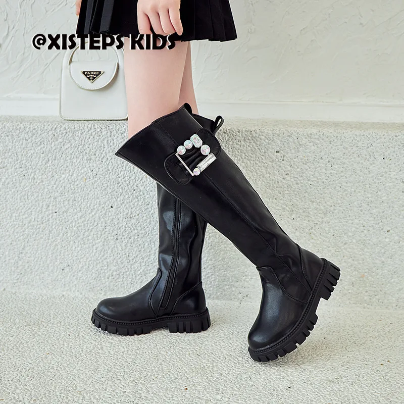 

Fashion Children Girls Leather Boots Knee Length Waterproof Kids Winter Autumn Shoes With Rhinestone Black 3-12Y Toddler Shoes