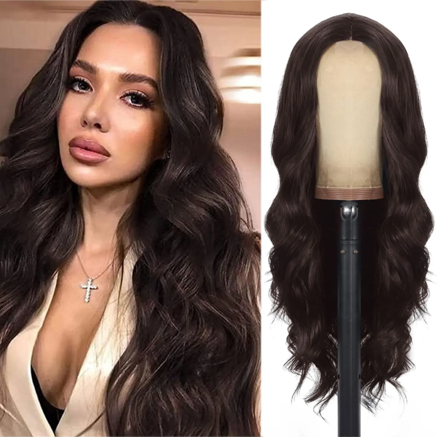 

28 Inch 70cm Long Curly Hair Small Lace Wig Women's Large Wave Chemical Fiber Matte Synthetic Silk Full Head Cover Brown Blonde