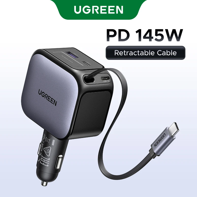 High-Power Car Charger with Retractable Cable – 4-Port USB-C & USB-A Fast Charging