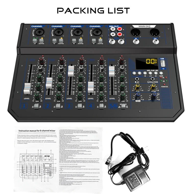 DSP reverb computer recording sound card 6-channel professional mixing console, suitable for home, outdoor, stage, and computer