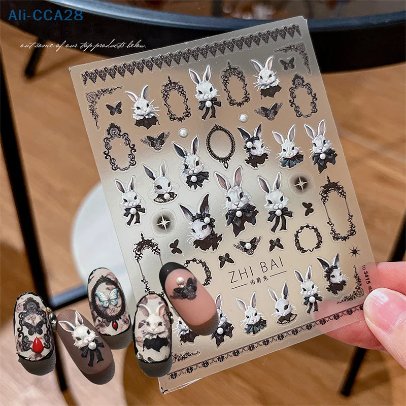 일본 펑크 스타일 블랙 래빗 & 다크 나비 네일 스티커, 네일 아트 데칼 디자인..
