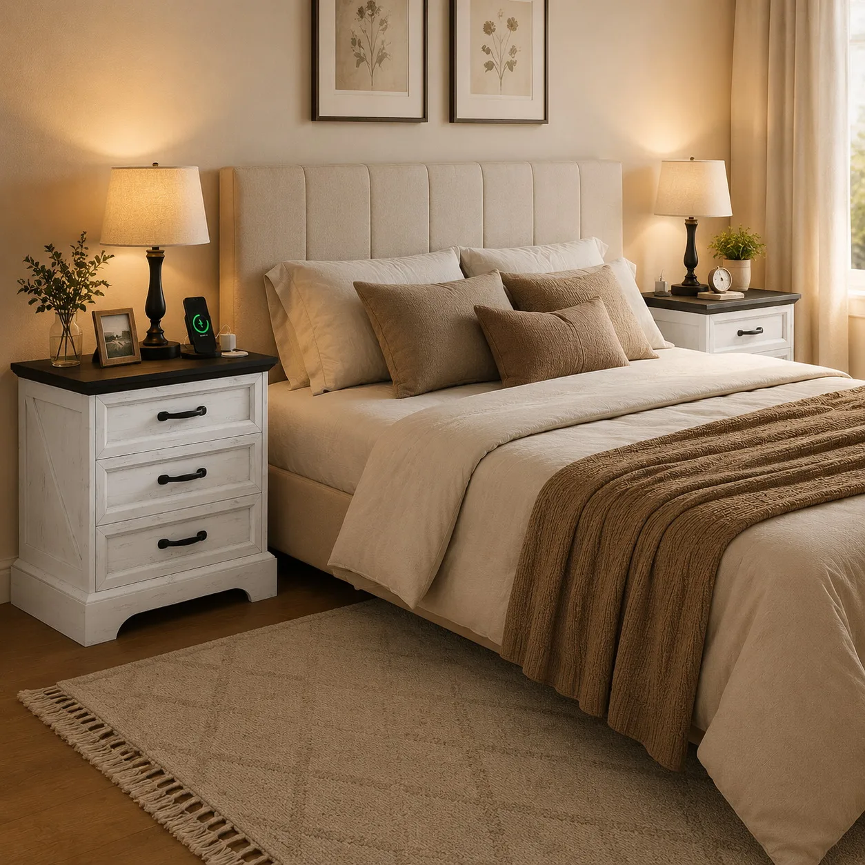 Farmhouse Nightstand with Charging Station 3 Drawer White Bedside Table with 2 AC Outlets and 2 USB Ports Storage Cabinet End Table for Bedroom Living Room Small Space 8 Farmhouse Nightstand with Charging Station 3 Drawer White Bedside Table with 2 AC Outlets and 2 USB Ports Storage Cabinet End Table for Bedroom Living Room Small Space 8
