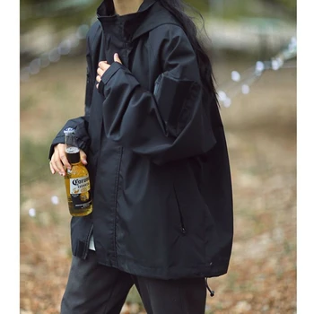 Deeptown Harajuku Fashion Black Jacket Women Oversize Anorak Gorpcore Techwear Jackets Korean Streetwear Outdoor Windbreakers