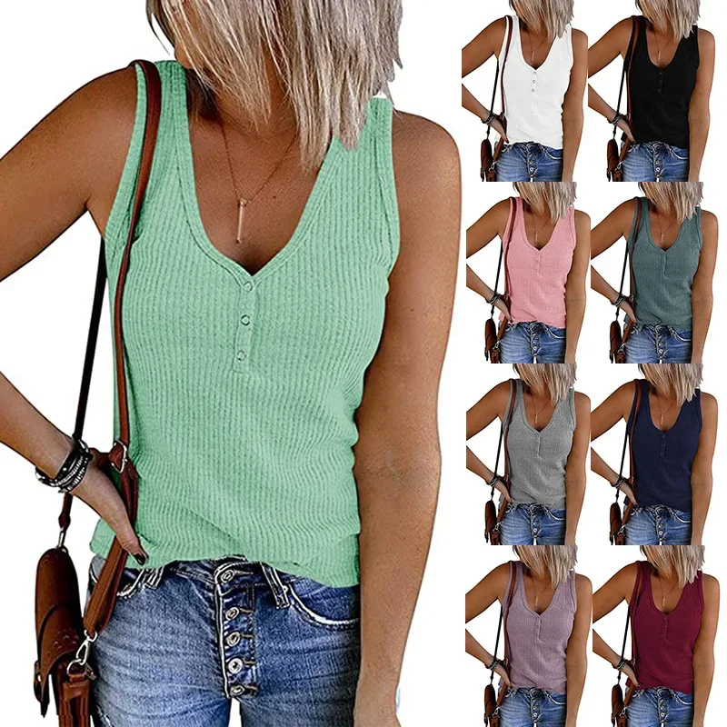 

New Style European American women's T-shirt Knitted vest Solid color V-neck Tees Fashion Femal Tanks sleeveless blouse