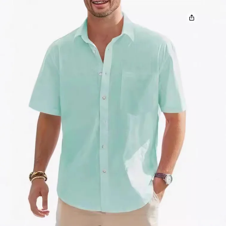 Men's Cotton Linen Short Sleeve Shirt Premium Casual Button-Down Shirt w/Pocket 6