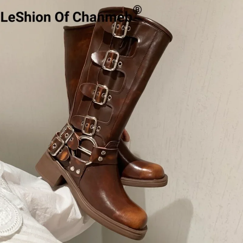 

LeShion Of Chanmeb Women Real Leather Knee-High Boots Chunky Heel Punk Multiple Buckle Belt Boots Square Toe Shoe Autumn Winter