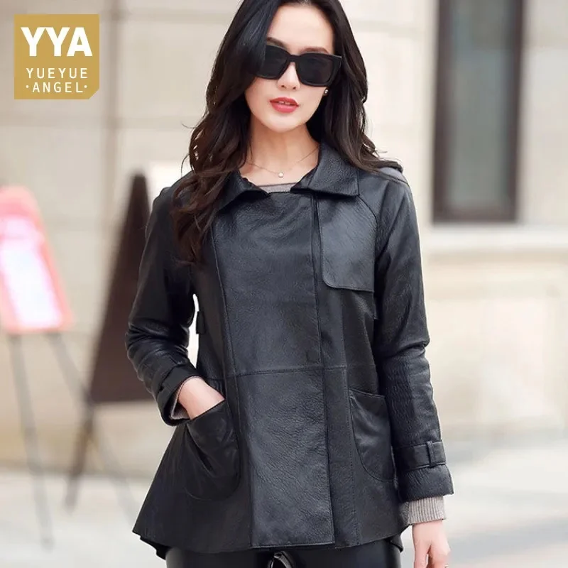 

Elegant Real Leather Jacket Women Sheepskin Short Turn-Down Collar Casual Biker Coat Office Streetwear Loose Outerwear M-2XL