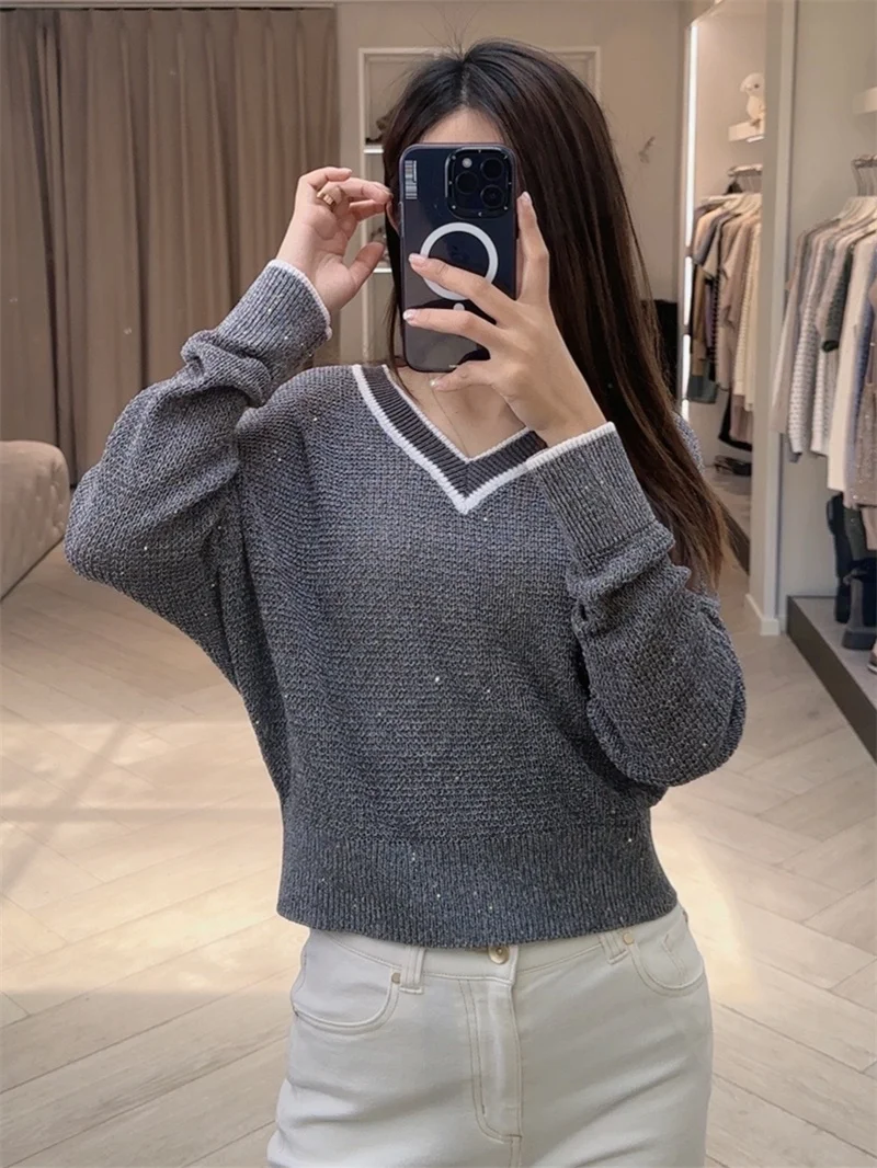 

Sequins Women's Contrast Color V-Neck Knitted Pullover 2024 Spring New Female Loose Casual Solid Color Sweater