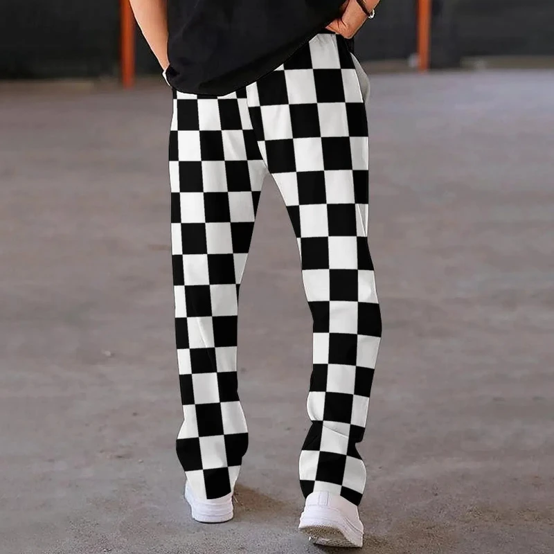 Men's Fashion Casual Checkered Printed Pants Loose Tight Rope Heavyweight Straight Leg Pants