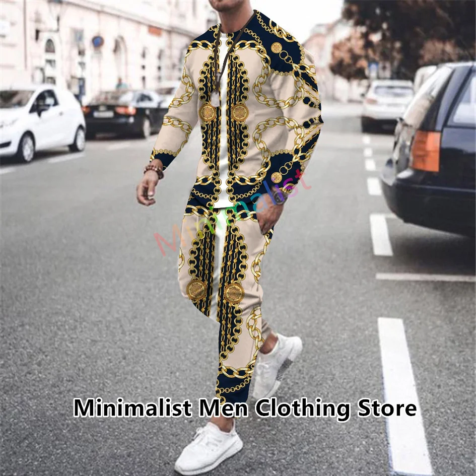 2023 New Men's 2 Piece Set Trousers Tracksuit Luxury Golden Printed Joggers Suit Long Sleeve T Shirt+Pants Casual Sport Clothes