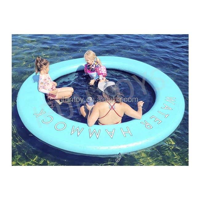 Blue Inflatable Water Hammock Floating Platform Swimming Pool Mat Round Pontoon With Ramp Mesh