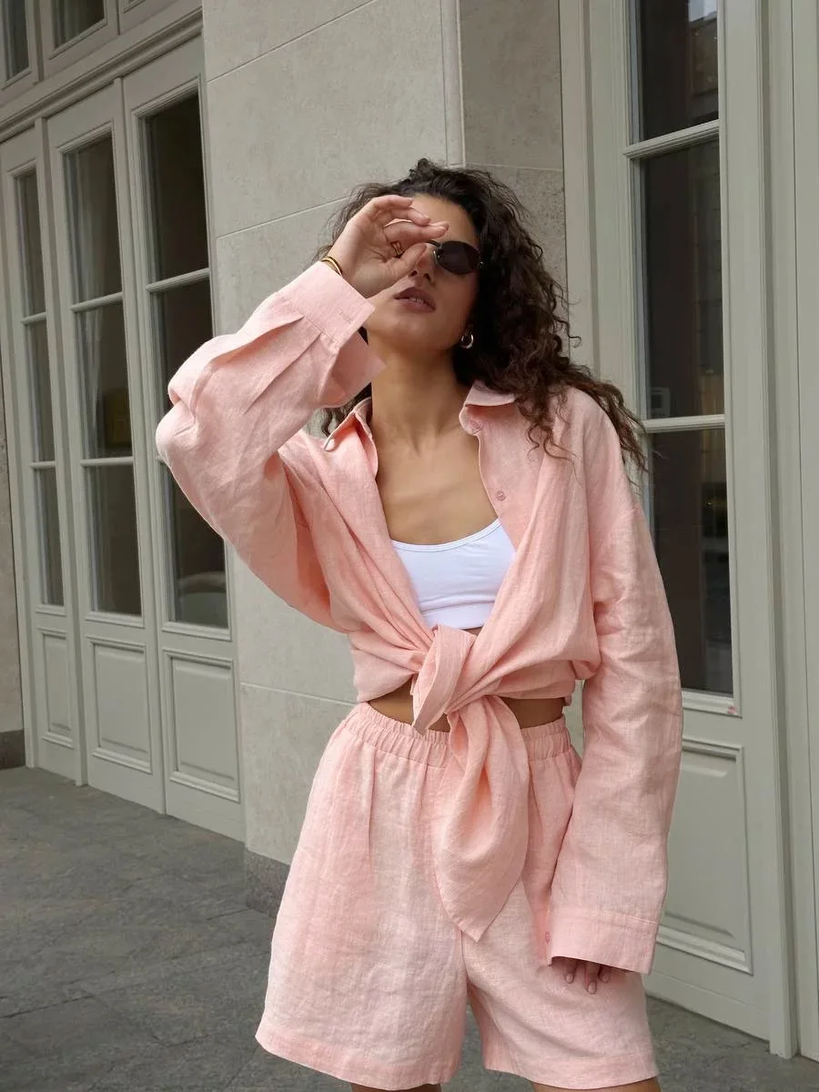 Bornladies 100% Cotton Women's Casual Shorts Sets Solid Color Cozy Lapel Long Sleeve Shirt Summer Elastic Waist Shorts Suits